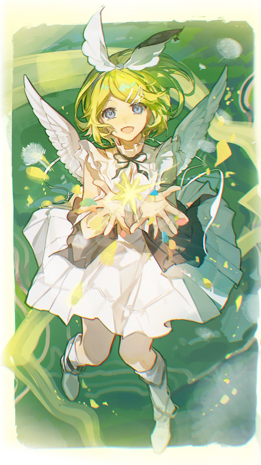 VOCALOID、镜音铃 1名女孩 天使翅膀 手臂纹身 作者名 蓝眼