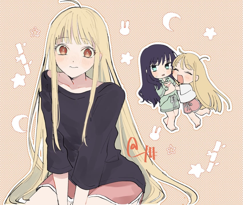 超辉夜姬!、辉夜 (超辉夜姬!)、坂寄伊吕波 2名女孩 呆毛 赤脚 黑衬衫 金发