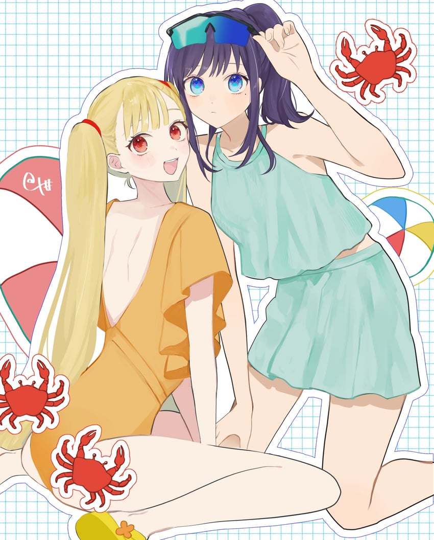 超辉夜姬!、辉夜 (超辉夜姬!)、坂寄伊吕波 2名女孩 比基尼 蓝色比基尼 蓝眼 螃蟹