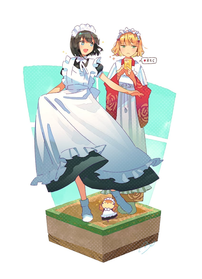 女仆小姐只吃不工作、ricotta (maid-san wa taberu dake)、雀 (女仆小姐只想吃饭) 2名女孩 围裙 黑发 金发 蓝眼