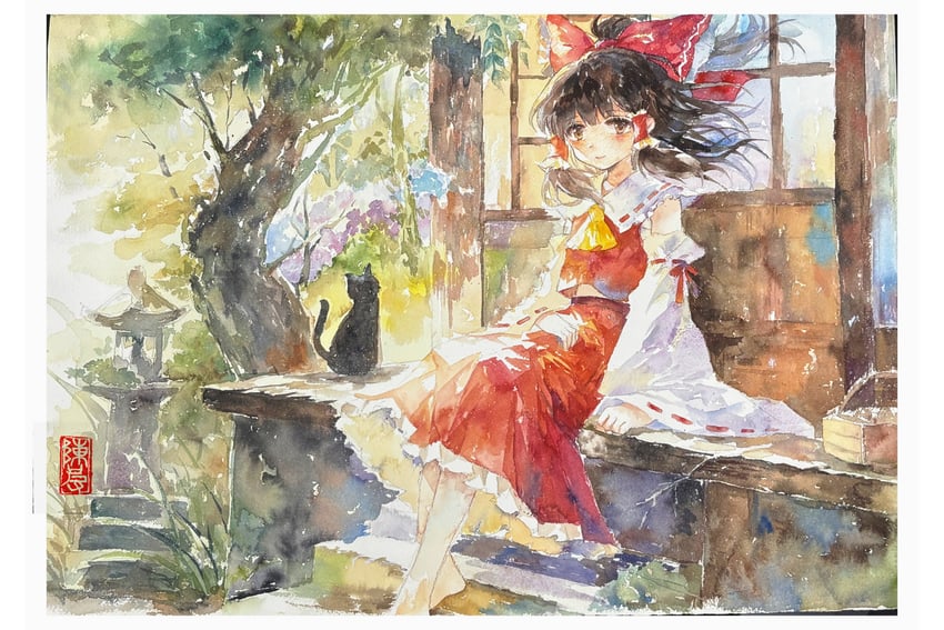 东方Project、博丽灵梦 1名女孩 阿斯科特领巾 赤脚 黑猫 蝴蝶结