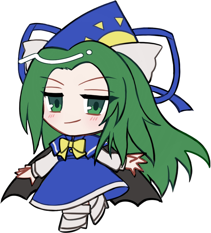 东方Project、东方Project (PC-98)、魅魔 (东方Project) 1名女孩 蓝色小披肩 蓝色连衣裙 蓝帽子 脸红