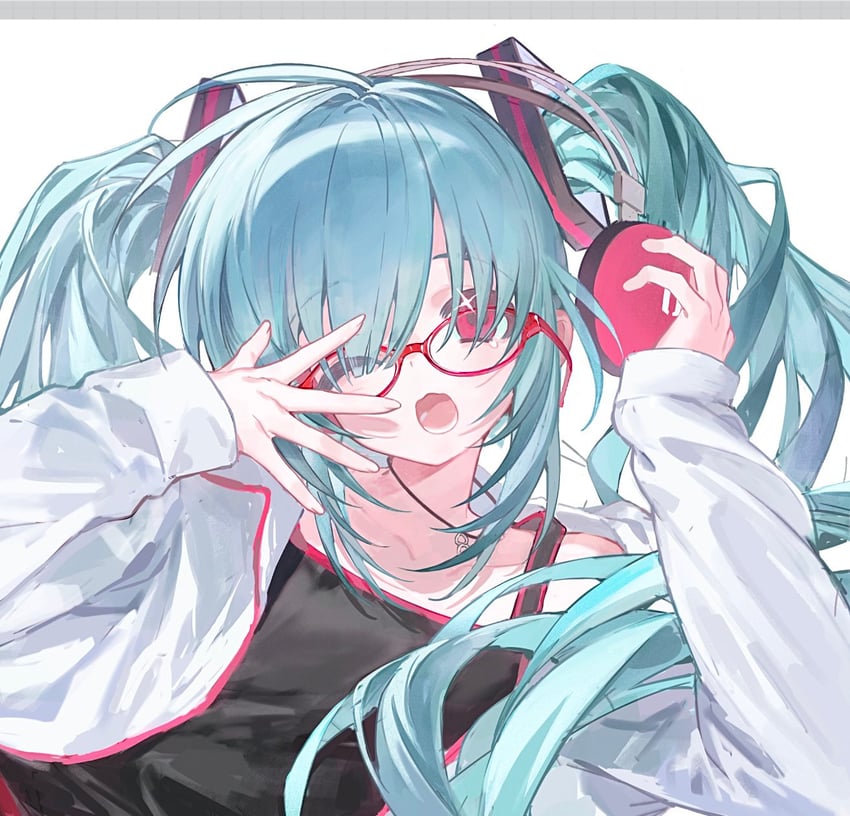 VOCALOID、初音未来 1名女孩 水色发 黑衬衫 耳机 夹克