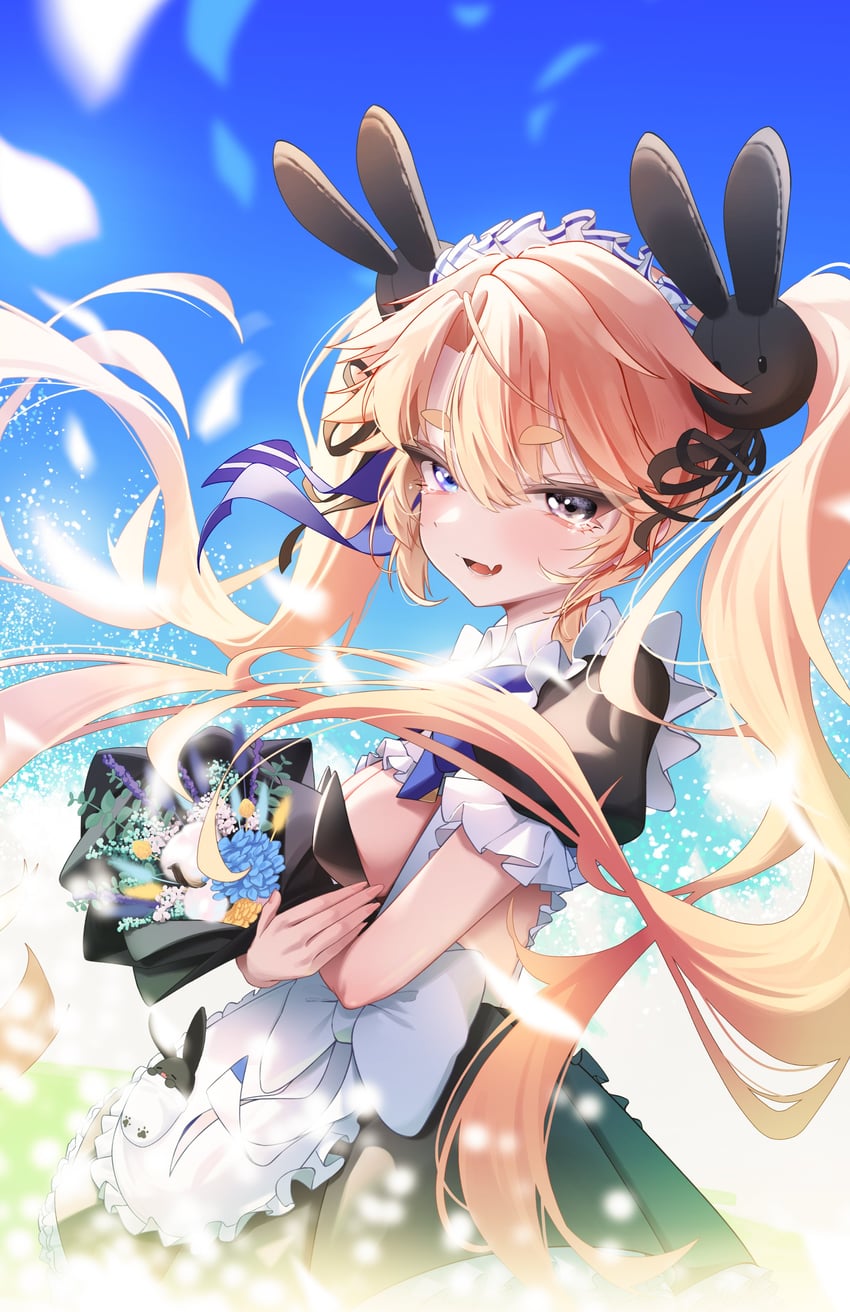 个人势虚拟主播、elwhy (vtuber) 1名女孩 围裙 黑色丝带 金发 蓝眼