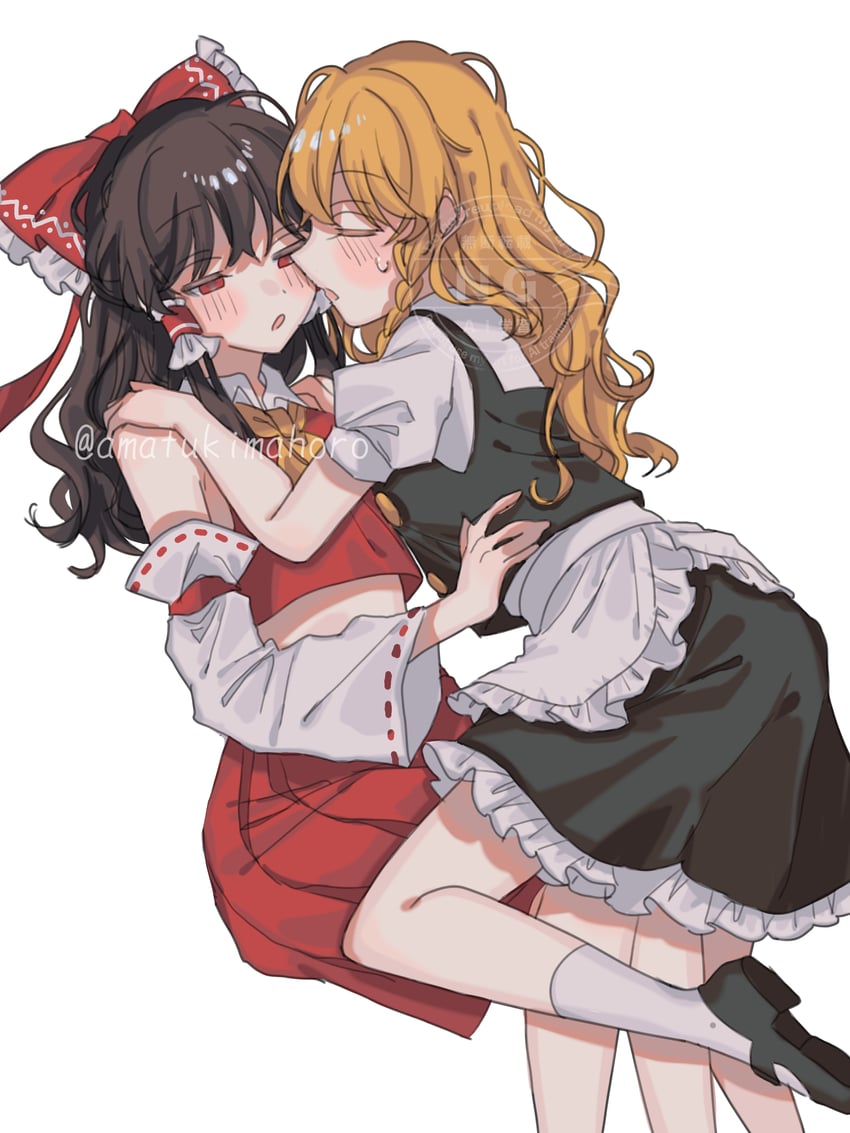 东方Project、博丽灵梦、雾雨魔理沙 2名女孩 围裙 阿斯科特领巾 黑鞋 黑色裙子