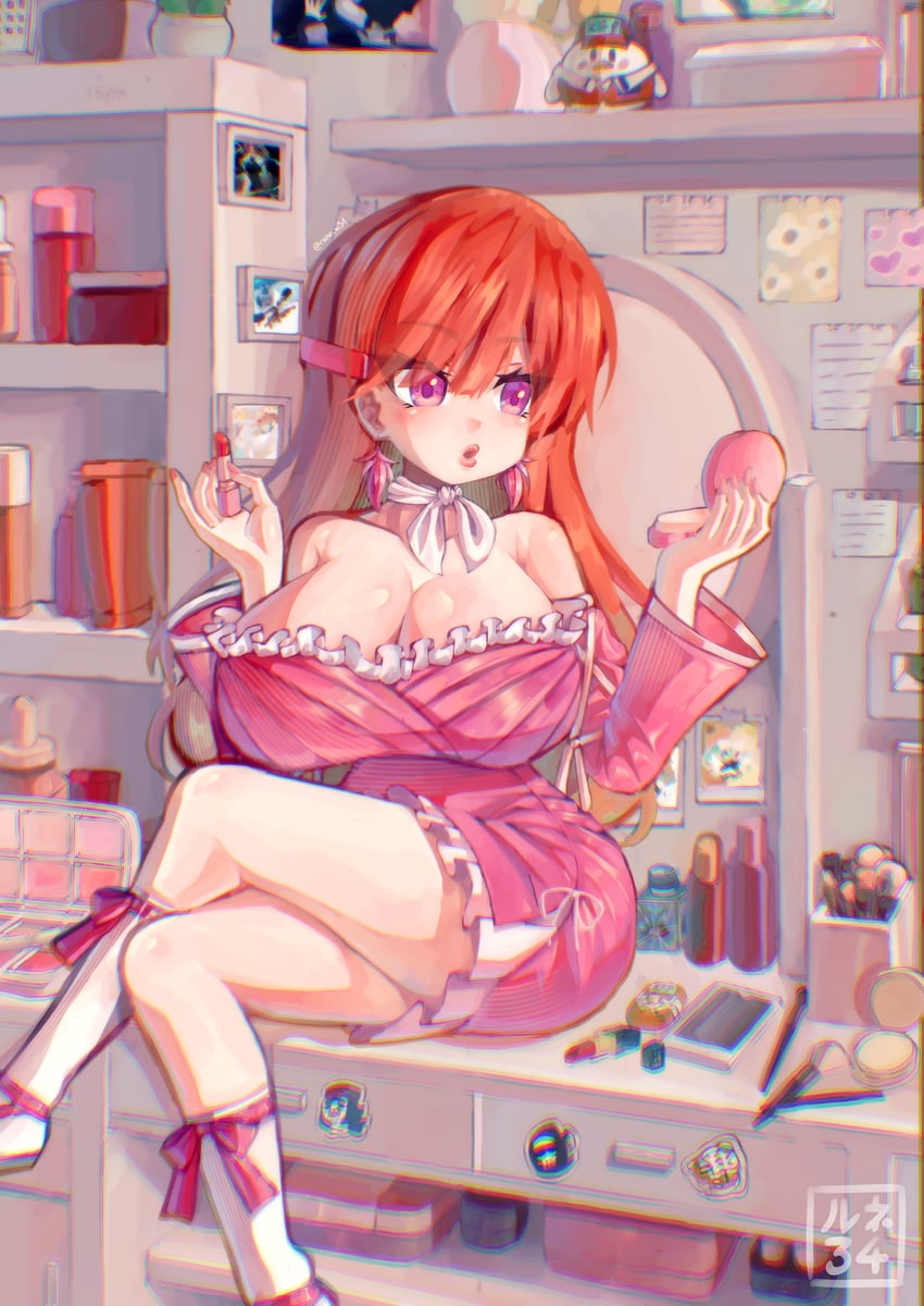 Hololive、Hololive英语、小鸟游琪亚拉 乳房 书桌 巨乳 口红 化妆