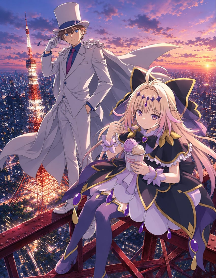 魔术快斗、名侦探柯南、名侦探光之美少女 1名男孩 1名女孩 呆毛 黑色蝴蝶结 黑色小披肩