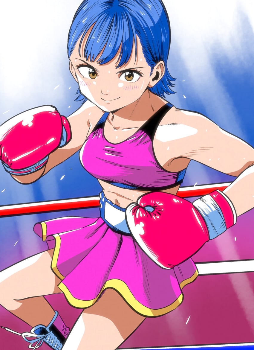 原创 1名女孩 蓝发 靴子 拳击 拳击手套