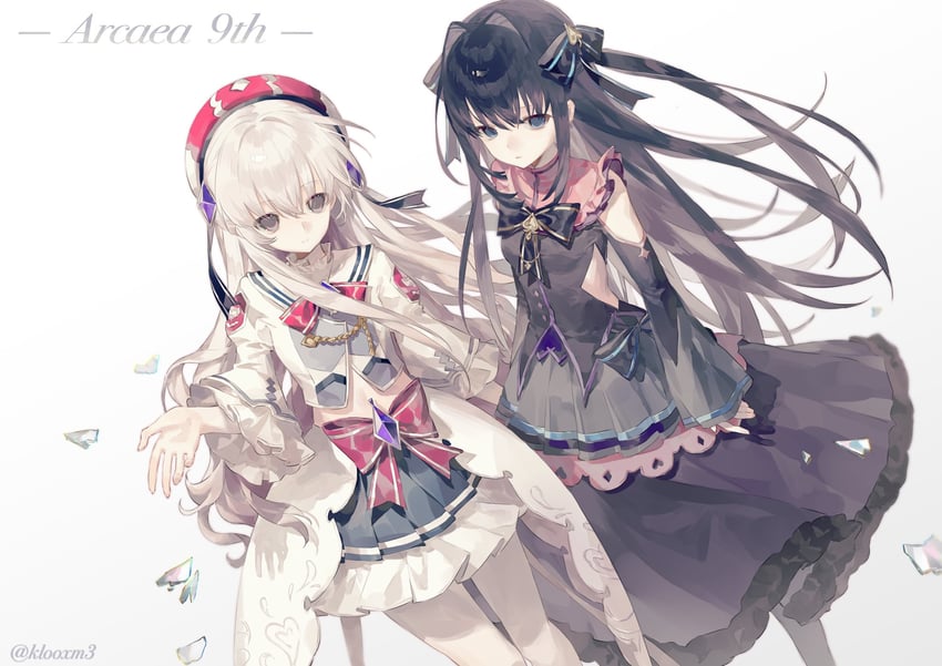 韵律源点 Arcaea、光 (Arcaea)、对立 (Arcaea) 2名女孩 贝雷帽 围兜领 黑色连衣裙 黑发