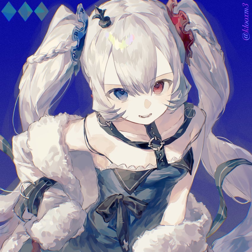 韵律源点 Arcaea、shirahime (arcaea) 1名女孩 作者名 露肩 黑色连衣裙 蓝色背景