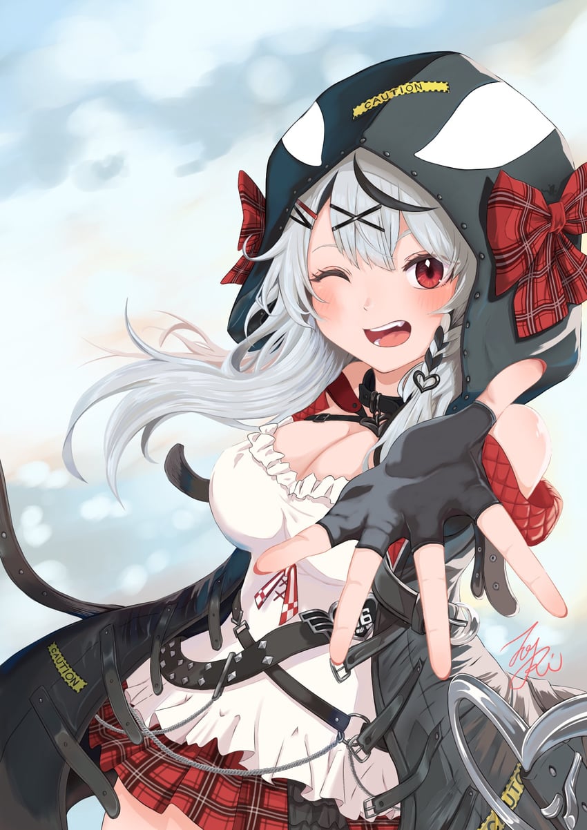 Hololive、沙花叉克萝耶 1名女孩 动物兜帽 黑色手套 脸红 蝴蝶结