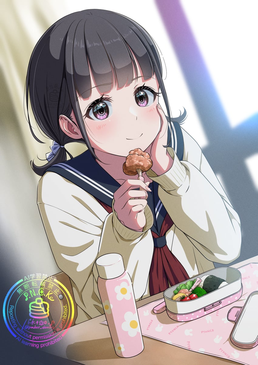 原创 1名女孩 便当 黑发 蓝色蝴蝶结 蓝色水手领