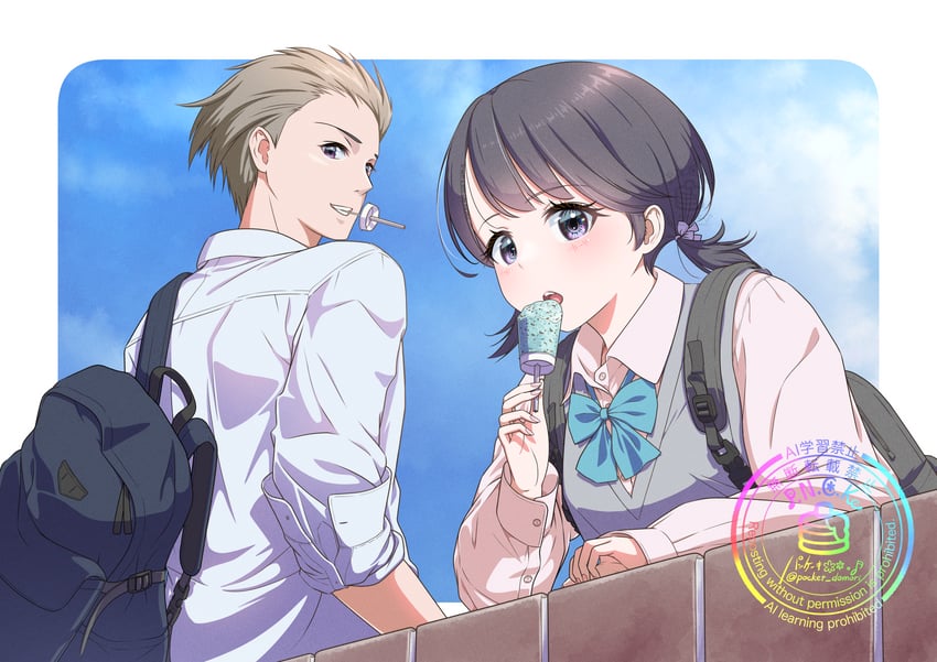 原创 1名男孩 1名女孩 扶手 背包 包
