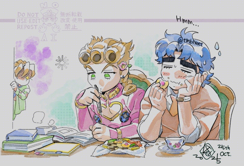 JOJO的奇妙冒险、幻影血脉、黄金之风 3个男孩 金发 书 椅子 曲奇