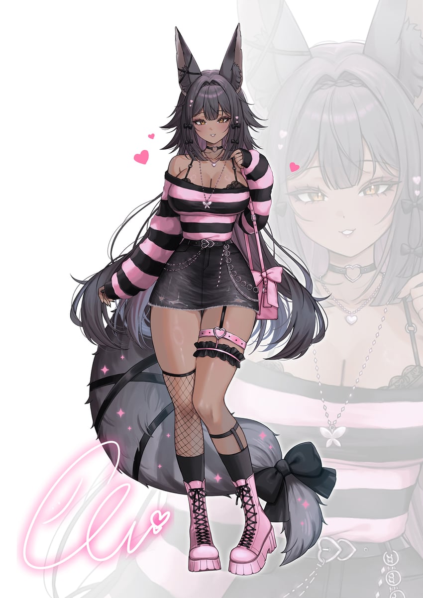 二次元插画 1名女孩 包 黑色蝴蝶结 黑色文胸 黑发