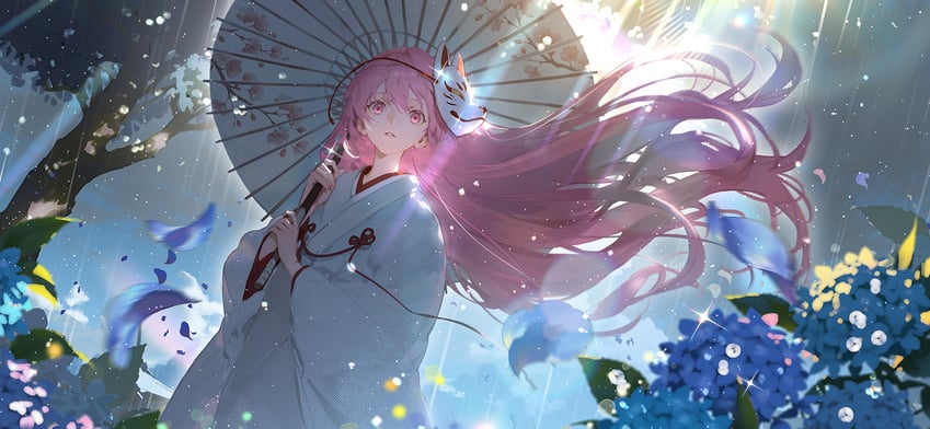东方Project、东方幻想日蚀、秦心 1名女孩 替换服装 蓝花 蓝色和服 蓝色花瓣