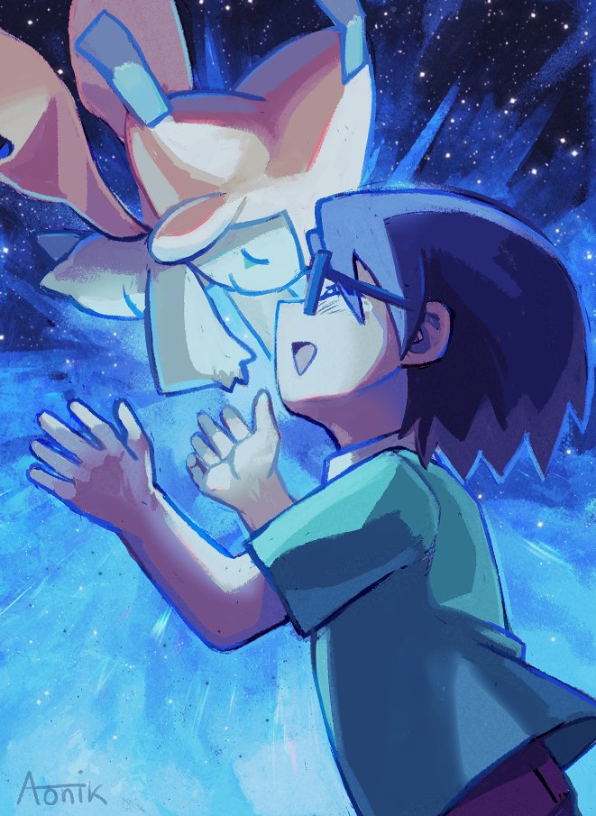 宝可梦、精灵宝可梦：七夜的许愿星基拉祈、精灵宝可梦 (动画) 1名男孩 作者名 黑框眼镜 黑发 闭眼