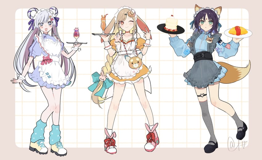 超辉夜姬!、辉夜 (超辉夜姬!)、留奈美八千代 3人女子 兽耳 围裙 不对称腿部穿着 黑鞋