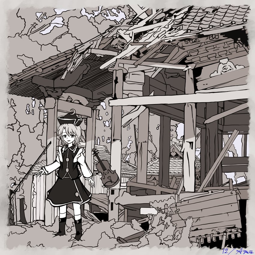 东方Project、露娜萨·普莉兹姆利巴 1名女孩 靴子 琴弓 建筑物 新月