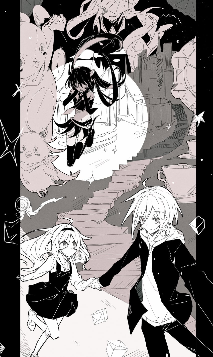 kururingo、mary to yuuenchi (vocaloid)、VOCALOID 1名男孩 1个其他角色 2名女孩 鸟 城堡