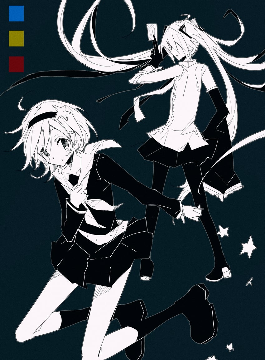 惩罚游戏 (Vocaloid)、kururingo、VOCALOID 2名女孩 靴子 闭嘴 露肩袖 全身