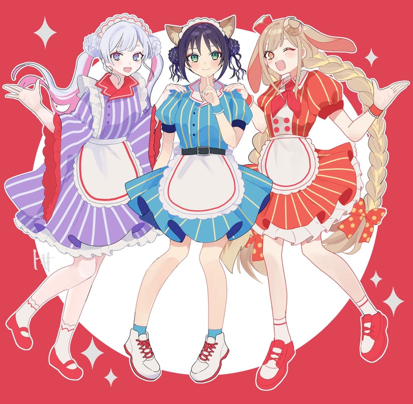 超辉夜姬!、辉夜 (超辉夜姬!)、留奈美八千代 3人女子 兽耳 围裙 金发 蓝色连衣裙