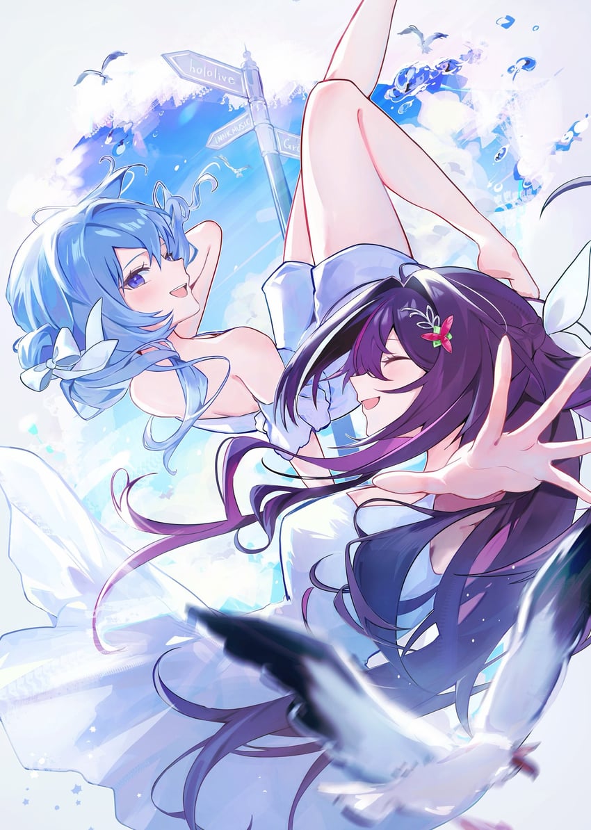 Hololive、AZKi、星街彗星 2名女孩 露肩 赤脚 鸟 蓝眼