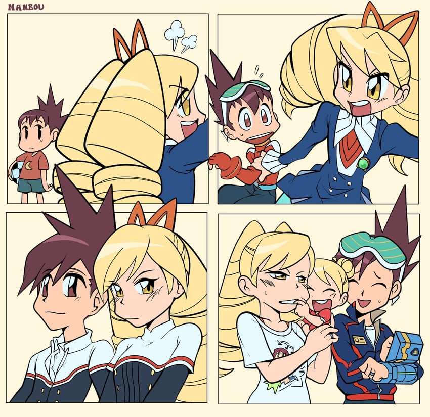 洛克人系列、流星洛克人 (系列)、白金露娜 (洛克人) 1名男孩 2名女孩 四格漫画 惊讶 年龄增长