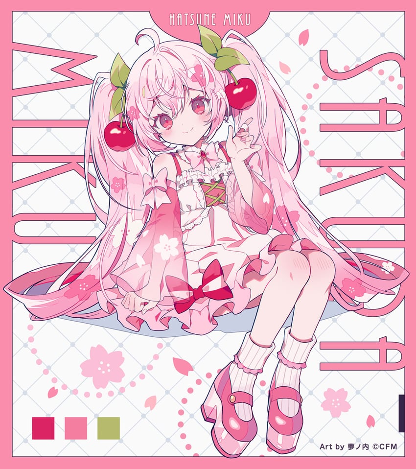 VOCALOID、初音未来、樱花未来 1名女孩 露肩 蝴蝶结 蝶形领结 樱桃发饰