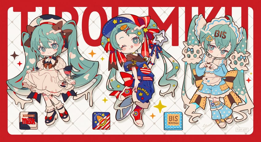 VOCALOID、初音未来、tirol miku 3人女子 贝雷帽 蓝眼 蓝发 蓝色袜套