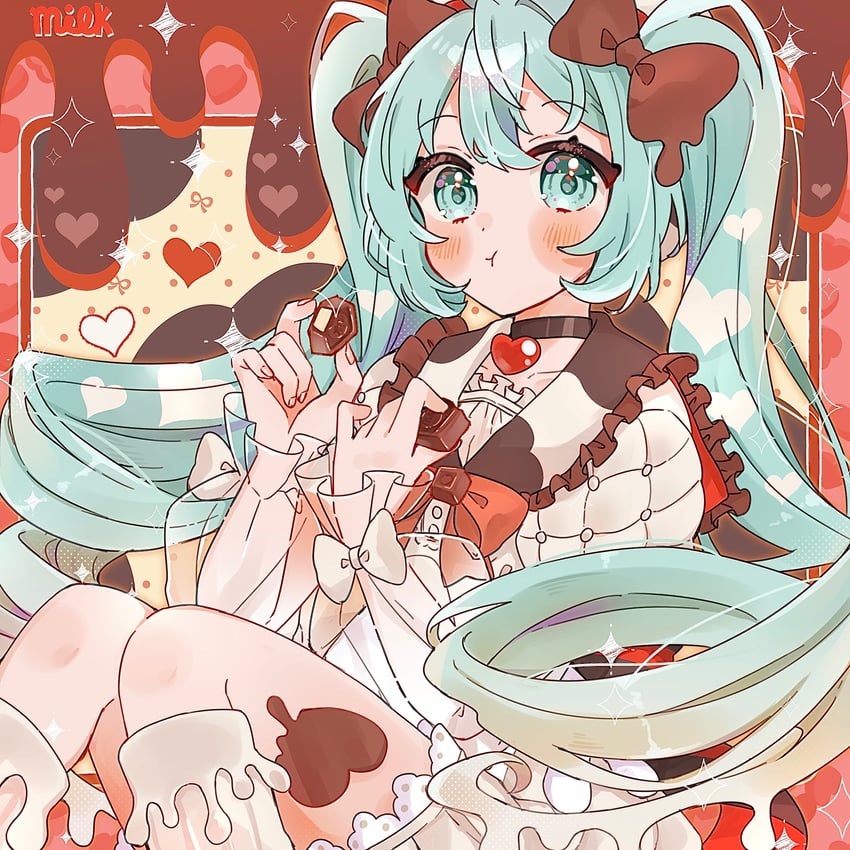 VOCALOID、初音未来、tirol miku 1名女孩 黑色项圈 蓝眼 蓝发 脸红