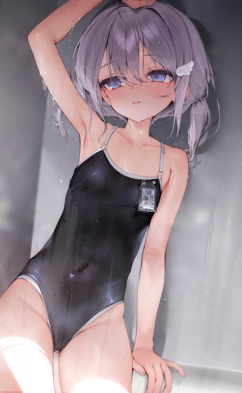 原创 1名女孩 举手 黑色连体泳衣 蓝眼 脸红