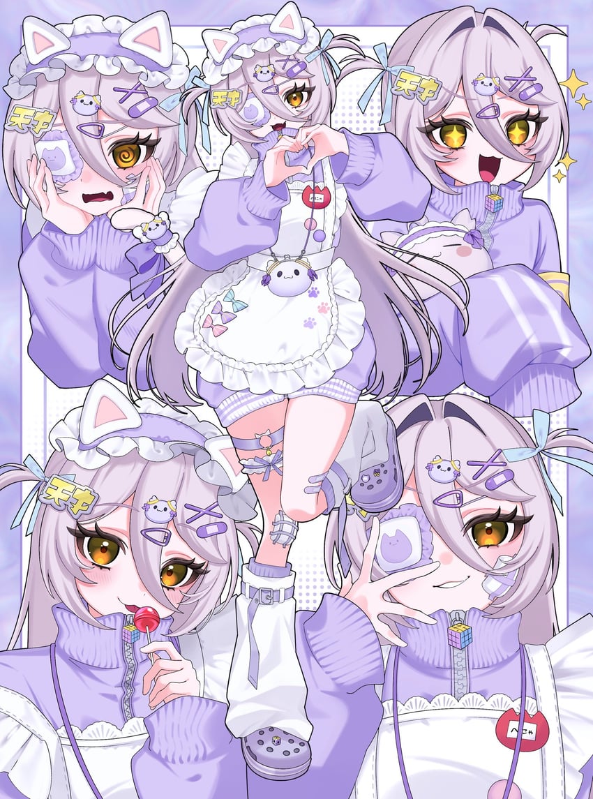 个人势虚拟主播、Henya the Genius、henya the genius (jersey maid) 1名女孩 @_@ 兽耳 围裙 创可贴