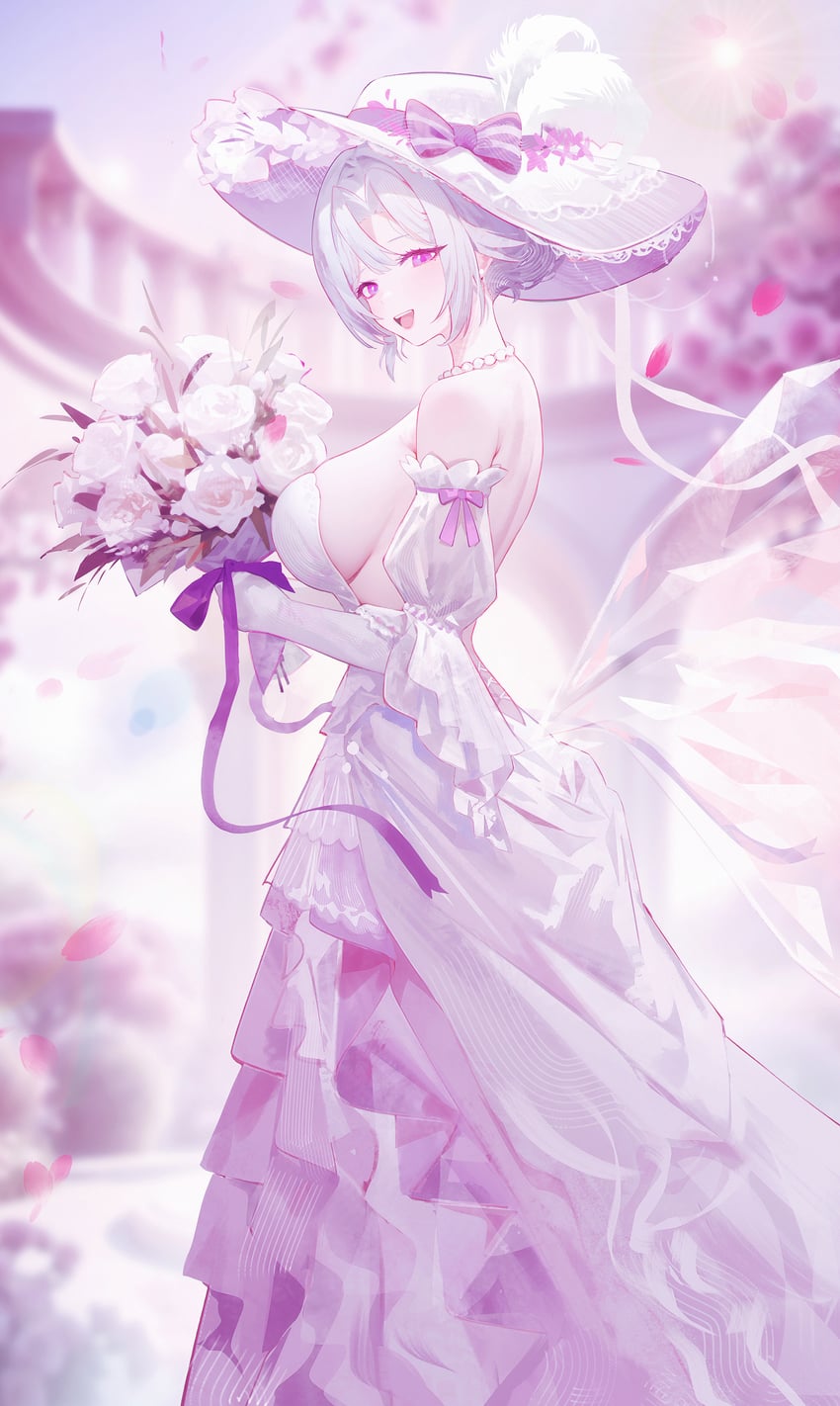 原创 1名女孩 露肩 模糊 模糊背景 花束