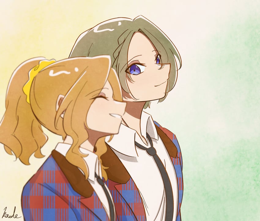 少女☆歌剧 Revue Starlight、穂波氷雨、水无濑铃 2名女孩 微笑 手放在身体两侧 作者名 黑色领带