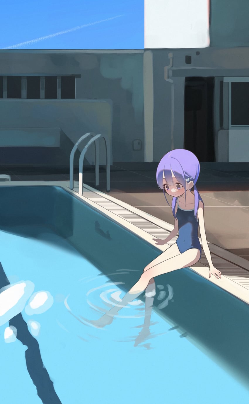 原创、早川濑奈 1名女孩 赤脚 蓝色连体泳衣 竞赛式泳衣 遮盖肚脐