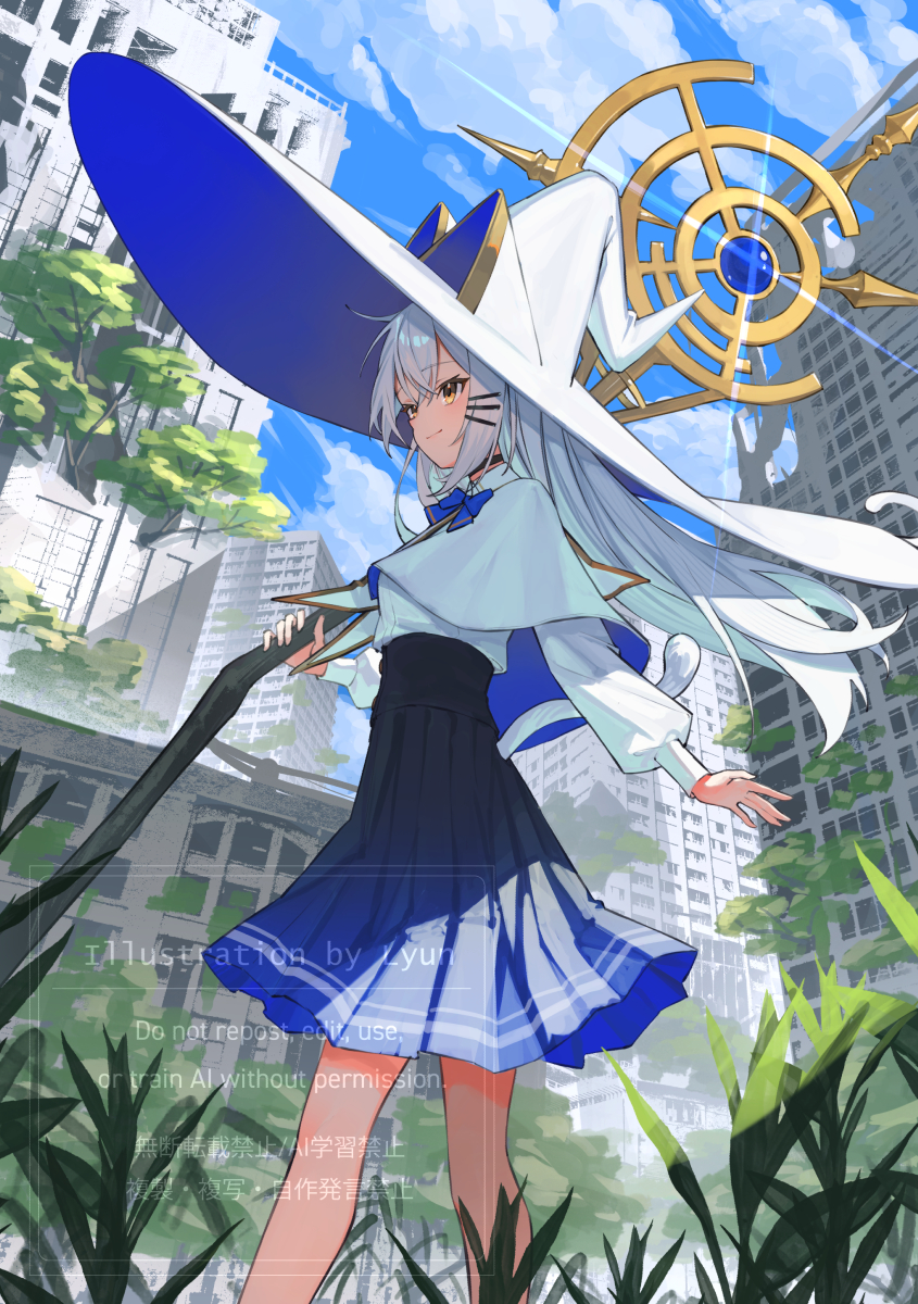 原创 1名女孩 兽耳 蓝裙子 蓝天 建筑物