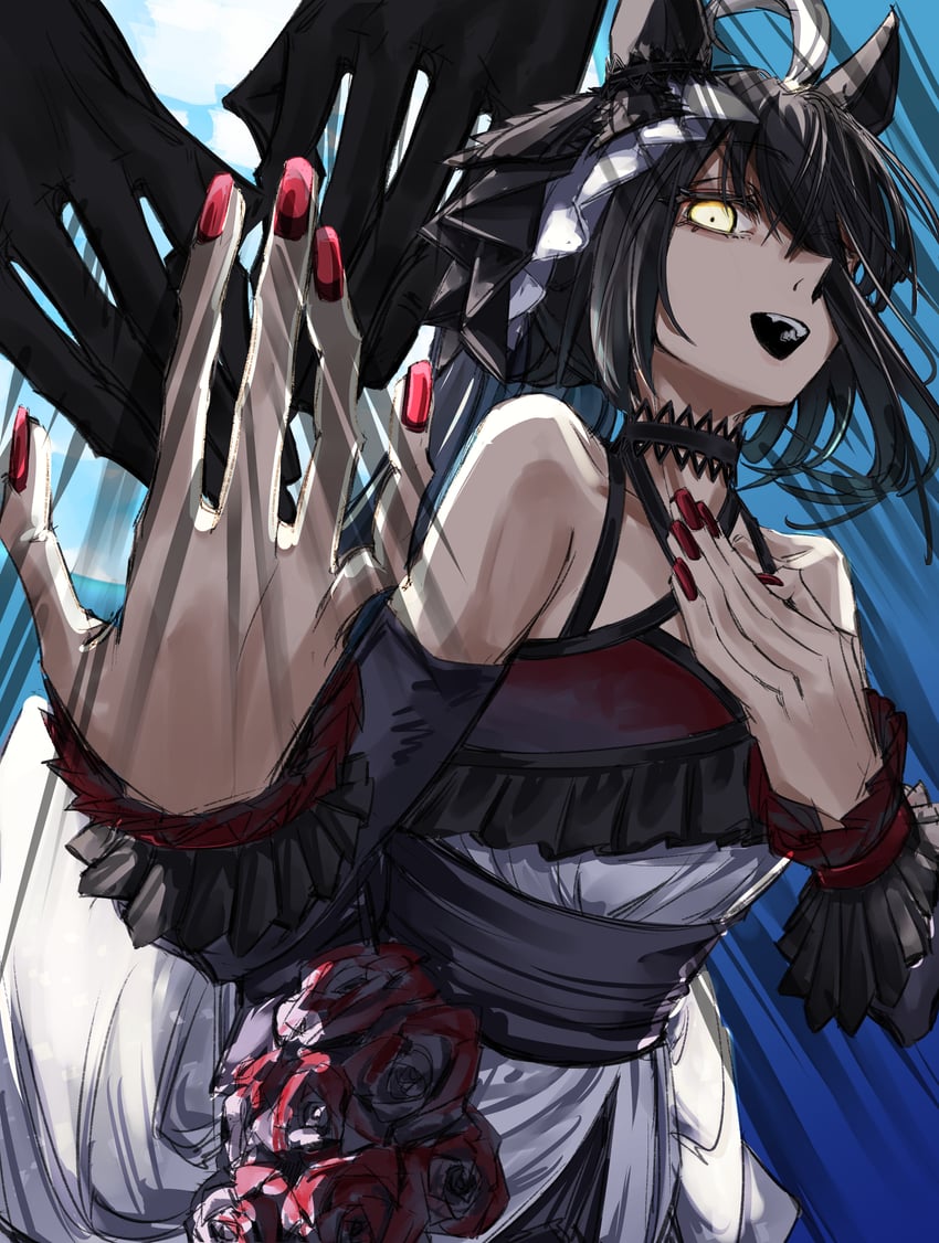 二次元插画 1名女孩 呆毛 兽耳 露肩 黑发