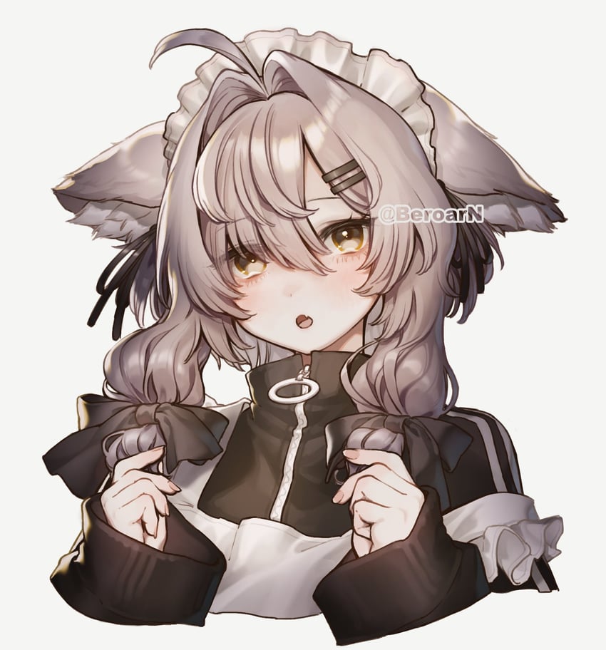 二次元插画 1名女孩 呆毛 兽耳毛 兽耳 围裙