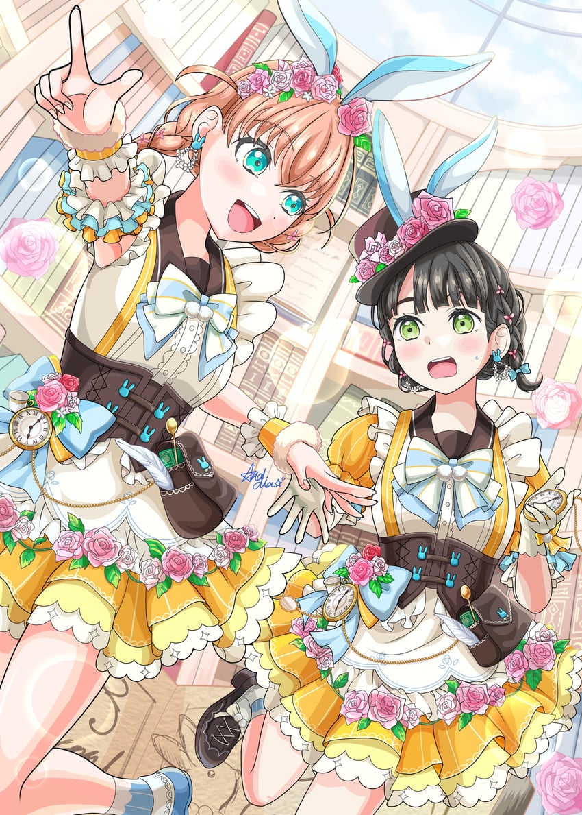 奇异与你与图书馆、Love Live!、Love Live! 莲之空女学院学园偶像部 2名女孩 :D 兽耳头饰 兽耳 移开视线