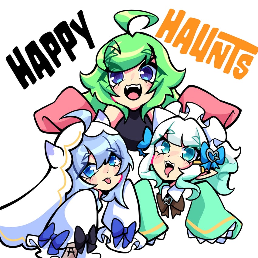 个人势虚拟主播、dustco (vtuber)、冥土 (Mint Fantome) 3人女子 呆毛 黑色蝴蝶结 黑色蝶形领结 黑色连衣裙