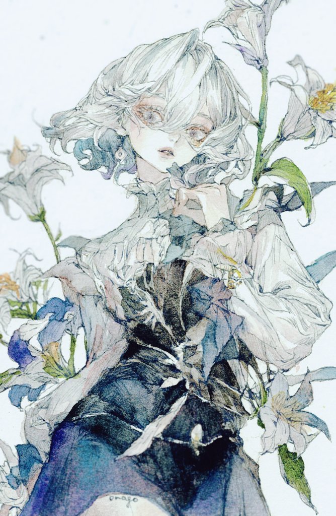 原创 1名女孩 黑色连衣裙 连衣裙 花 百合 (花)