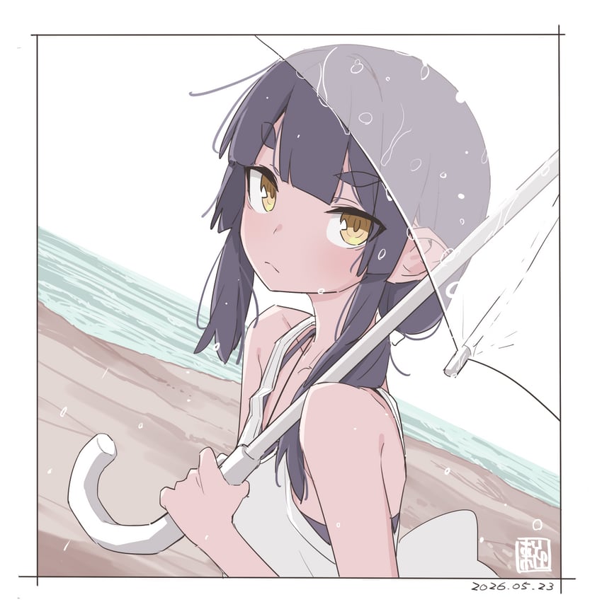 原创、朱里 (raigou) 1名女孩 海滩 黑发 边框 闭嘴