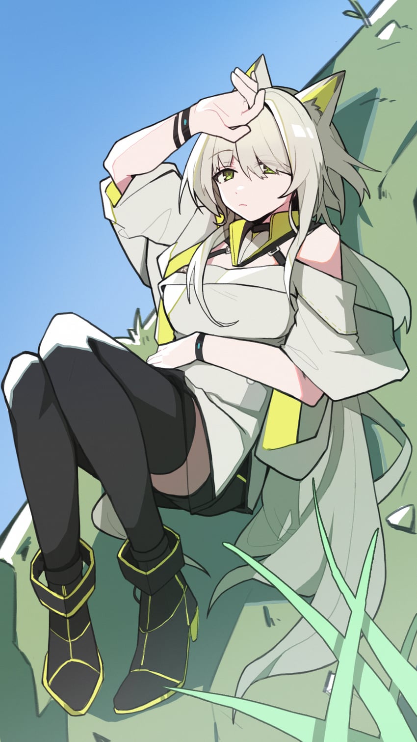 明日方舟、凯尔希 (明日方舟)、凯尔希·艾斯帕兰塔 (明日方舟) 1名女孩 兽耳毛 兽耳 露肩 黑色过膝袜