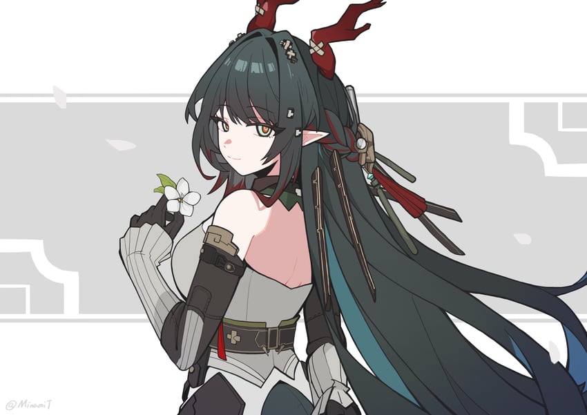 明日方舟、明日方舟：终末地、庄芳怡 (明日方舟) 1名女孩 露肩 黑色手套 乳房 闭嘴