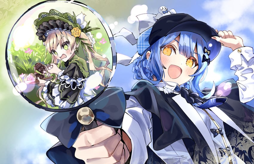 魔法少女的小镇审判、立花雪莉、外能范奈 2名女孩 帽子上的鸟饰 黑色小披肩 黑花 黑帽子