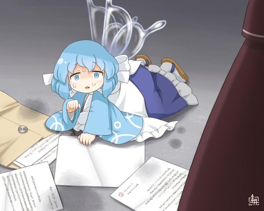 原创、elsie (kitagawa suigetsu) 1名女孩 围裙 作者标志 蓝发 蓝色和服
