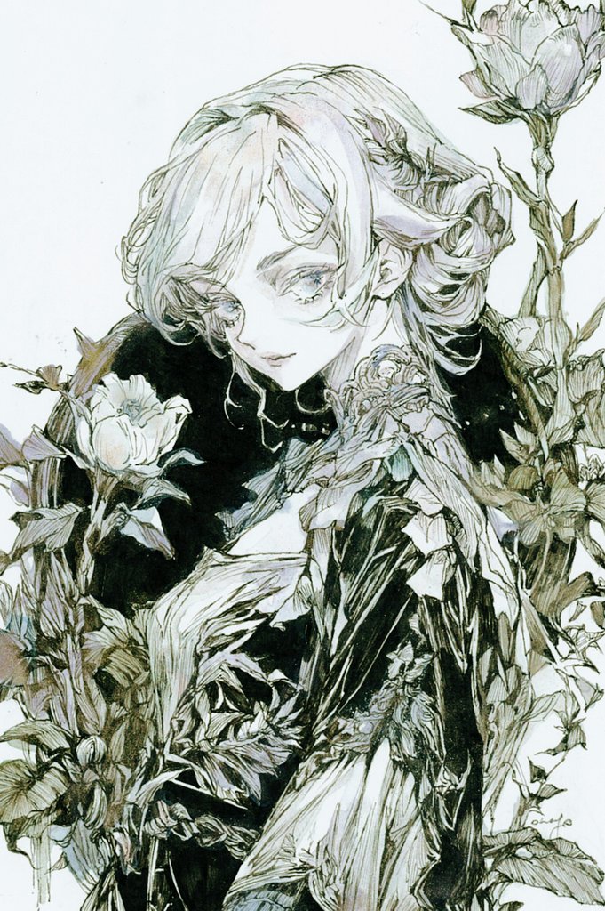 原创 1名女孩 花 灰度 发饰 蕾丝