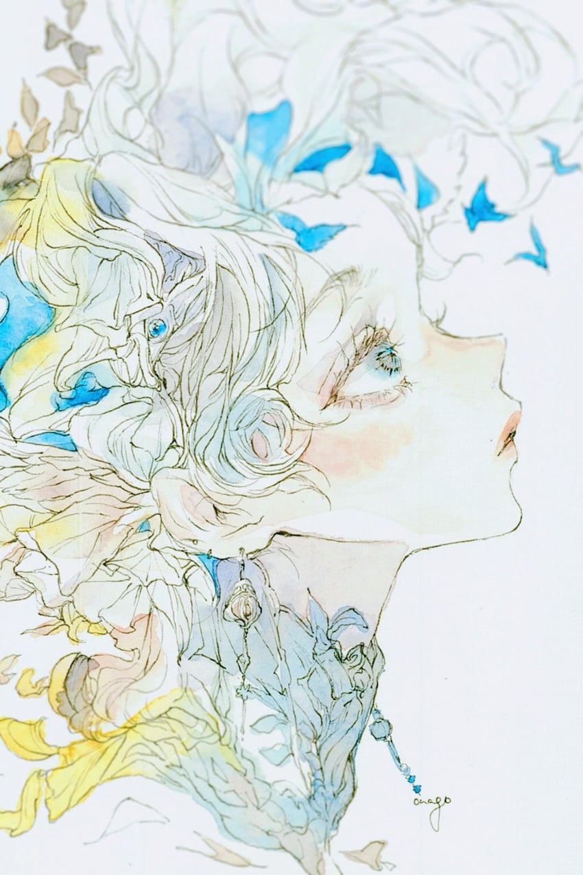 原创 1名女孩 蓝眼 脸红 耳环 飘逸长发