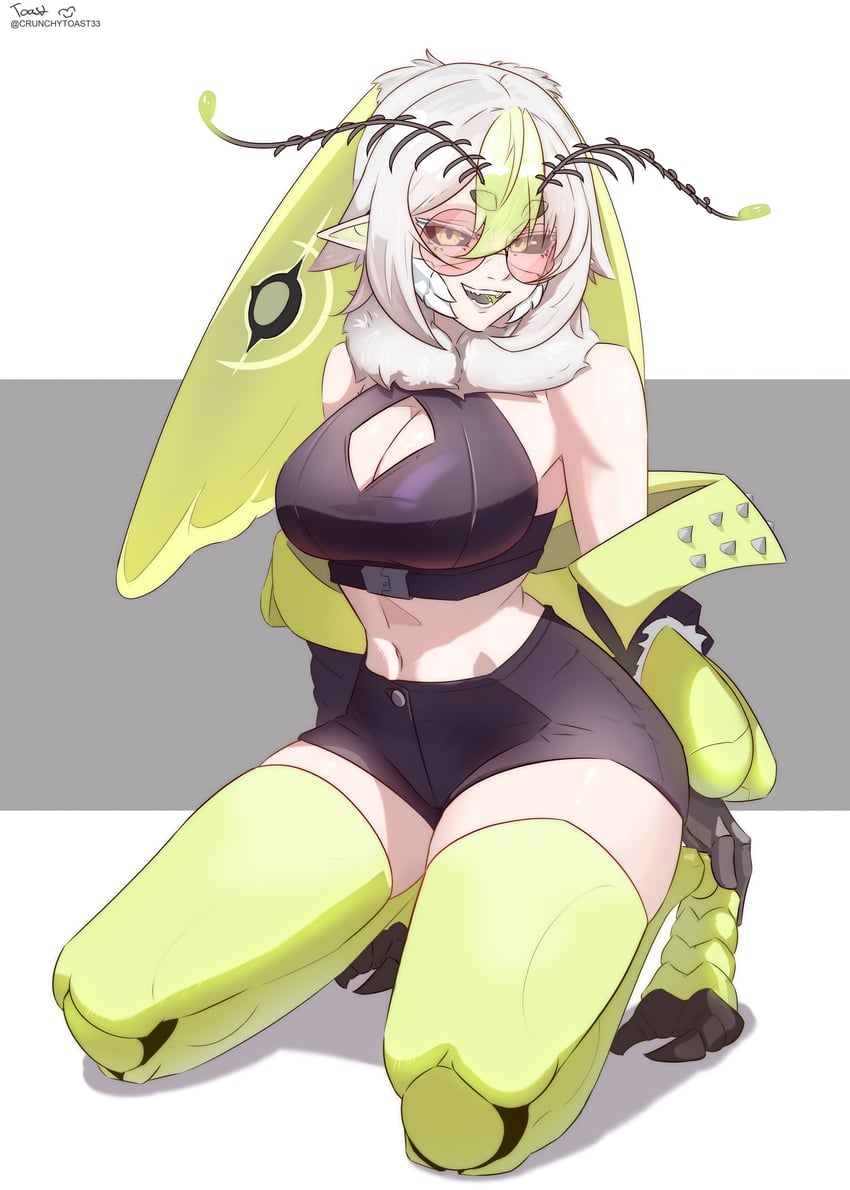 个人势虚拟主播、Juniper Actias、Juniper Actias (太空侵略者) 1名女孩 触角 节肢动物娘 黑色巩膜 黑色短裤